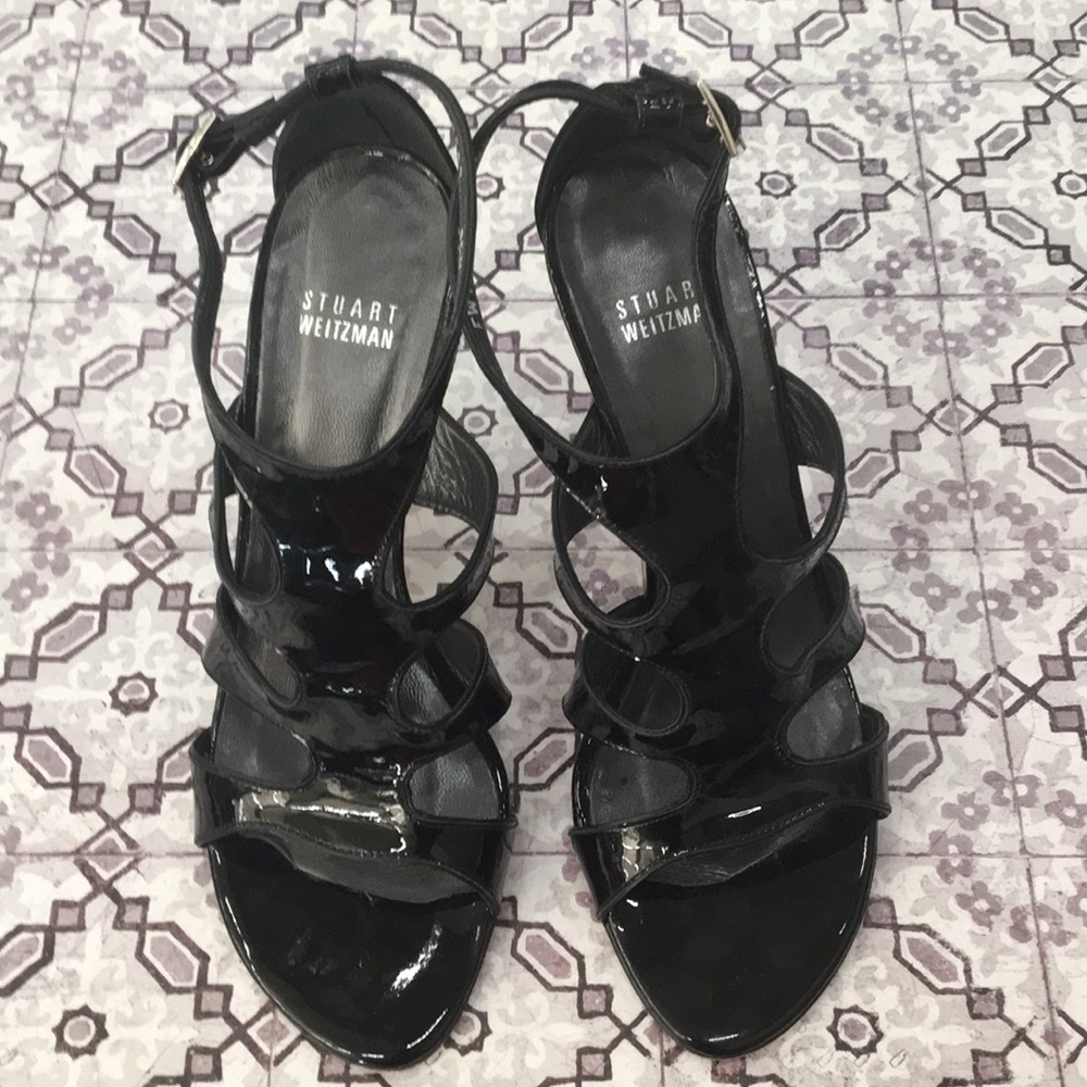 Stuart Weitzman black patent caged heels